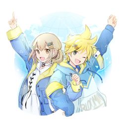 Rule 34 | 1boy, 1girl, azusawa kohane, blonde hair, blue coat, blue eyes, brown eyes, choker, coat, collared dress, commentary request, dress, hair ornament, hairclip, highres, hood, hoodie, kagamine len, long sleeves, momomo (m0 3), one eye closed, open clothes, open coat, open mouth, piapro, project sekai, smile, white choker, white dress