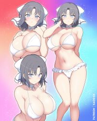 1girl arm_behind_back arm_up bikini blue_eyes bow breasts cleavage frills gradient_background grey_hair hair_bow hands_up highres kaos_art large_breasts looking_at_viewer multiple_views navel senran_kagura short_hair strap_gap swimsuit thighs white_bikini yumi_(senran_kagura)