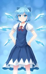 Rule 34 | 1girl, aposine, aqua background, aqua eyes, aqua hair, bare legs, blouse, blue bow, blue dress, blue eyes, blue hair, bow, cirno, dress, feet out of frame, flat chest, hair bow, hands on own hips, highres, ice, ice wings, pinafore dress, puffy short sleeves, puffy sleeves, red neckwear, shirt, short hair, short sleeves, sleeveless dress, smile, solo, touhou, white shirt, wing collar, wings