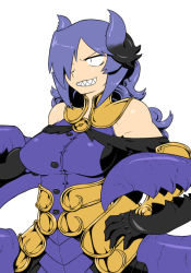 Rule 34 | 1girl, armor, armored dress, breasts, claws, demon girl, elbow gloves, gloves, grin, hair over one eye, hand on own hip, horns, jewelry, large breasts, long hair, necklace, nise maou kanizeru, original, purple hair, sharp teeth, sidelocks, simple background, smile, solo, teeth, tsukudani (coke-buta), wavy hair, white background, yuusha to maou