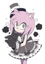 Rule 34 | amy rose, animal ears, back bow, black bow, black bowtie, black dress, black gloves, black hat, bow, bowtie, dress, furry, furry female, gloves, green eyes, hat, hedgehog, hedgehog ears, hedgehog tail, highres, index finger raised, looking at viewer, pink fur, risgard9, short hair, simple background, solo, sonic (series), top hat, white background