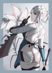 Rule 34 | 1girl, absurdres, ass, back, bandaged arm, bandaged neck, bandages, bare shoulders, black bow, border, bow, brown eyes, butt crack, detached sleeves, dimples of venus, dual wielding, fingernails, flower, frills, hair flower, hair ornament, highres, holding, holding weapon, kaine (nier), long hair, looking back, mo geng, nail polish, nier, nier (series), parted lips, pink nails, single bare shoulder, skindentation, solo, thighhighs, weapon, white flower, white thighhighs