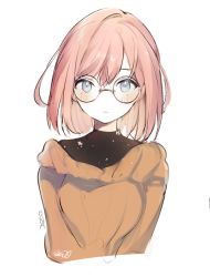 Rule 34 | 1girl, black shirt, blush, bob cut, brown sweater, closed mouth, expressionless, glasses, grey eyes, hair between eyes, looking at viewer, lpip, original, pink hair, round eyewear, shirt, signature, simple background, solo, sweater, upper body, v arms, white background