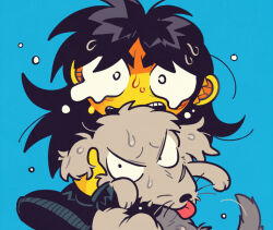 Rule 34 | 1boy, animal, black hair, black jacket, blue background, chibi, colored skin, commentary request, crying, crying with eyes open, dog, holding, holding animal, holding dog, itou kaiji, jacket, kaiji, long hair, looking at viewer, male focus, medium bangs, open mouth, parted bangs, simple background, solo, suzuka g, tears, tongue, tongue out, upper body, yellow skin