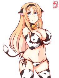 Rule 34 | 1girl, alternate costume, animal ears, animal print, artist logo, bell, bikini, blonde hair, blue eyes, breasts, cleavage, collarbone, cow ears, cow horns, cow print, cow tail, cowbell, crossed arms, dated, fake horns, horns, kanon (kurogane knights), kantai collection, large breasts, looking at viewer, neck bell, nelson (kancolle), one-hour drawing challenge, print bikini, print thighhighs, simple background, smile, solo, swimsuit, tail, thighhighs, white background
