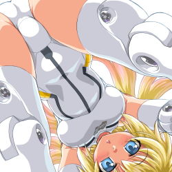 Rule 34 | 10s, 1girl, :o, all fours, arnval, ass, bad id, bad pixiv id, bare shoulders, blonde hair, blue eyes, blush, bodysuit, breasts, busou shinki, clothes writing, covered navel, crotch, dd (ijigendd), doll joints, dutch angle, english text, from below, gloves, gradient hair, hip focus, joints, leotard, long hair, looking at viewer, multicolored hair, open mouth, orange hair, simple background, solo, spread legs, thighhighs, white background, white gloves, white thighhighs