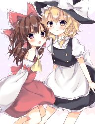 Rule 34 | 2girls, :3, :o, apron, bad id, bad twitter id, bare shoulders, blonde hair, blush, bow, braid, brown hair, cheek-to-cheek, collared shirt, commentary, detached sleeves, flat chest, hair bow, hair tubes, hakurei reimu, hat, heads together, highres, kirisame marisa, long hair, looking at viewer, multiple girls, puffy short sleeves, puffy sleeves, rbtt, red eyes, shirt, short sleeves, side braid, single braid, skirt, skirt set, smile, touhou, waist apron, witch hat, yellow eyes