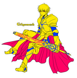 Rule 34 | 1boy, armor, bad id, bad pixiv id, blonde hair, character name, ea (fate/stay night), earrings, fate/zero, fate (series), flat color, gilgamesh (fate), hair down, jewelry, male focus, red eyes, sitting, solo, uka (color noise), weapon, yellow theme