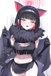 1girl absurdres black_gloves black_hair blue_archive blush breasts cleavage colored_inner_animal_ears colored_inner_hair commentary_request cowboy_shot crop_top extra_ears fur-trimmed_gloves fur_scarf fur_trim gloves halloween_costume halo highres kazusa_(blue_archive) kazusa_(halloween)_(blue_archive) looking_at_viewer medium_breasts multicolored_hair navel official_alternate_costume open_mouth pink_eyes pink_halo sgholln short_hair skirt solo torn_clothes torn_skirt werewolf_costume