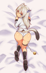 Rule 34 | 1girl, all fours, animal ears, ass, bed sheet, bell, black socks, blue eyes, body markings, cat ears, cat girl, cat tail, cougar (cougar1404), dakimakura (medium), from above, from behind, grey hair, heterochromia, jacket, jingle bell, long hair, long sleeves, looking at viewer, looking back, on bed, open mouth, original, panties, shoes, silui (cougar1404), socks, solo, sweatdrop, tail, tan, thigh strap, tiger stripes, underwear, white footwear, white jacket, white panties, yellow eyes