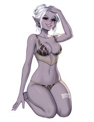 Rule 34 | 1girl, artist name, baldur&#039;s gate, baldur&#039;s gate 3, bare arms, bare shoulders, blush, blushyspicy, breasts, cleavage, collarbone, colored skin, dark elf, dungeons &amp; dragons, elf, freckles, full body, grey skin, hair bun, hand in own hair, hand up, large breasts, looking at viewer, minthara, navel, outline, panties, pointy ears, red eyes, seiza, short hair, simple background, single hair bun, sitting, smile, solo, transparent background, underwear, underwear only, white hair, white outline