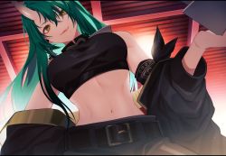 Rule 34 | 1girl, absurdres, arknights, bare shoulders, belt, black belt, black shirt, breasts, brown eyes, chinese commentary, commentary request, crop top, detached sleeves, green hair, grin, hair between eyes, hand up, highres, horns, hoshiguma (arknights), large breasts, long hair, looking at viewer, midriff, mtk (souko), navel, parted lips, shirt, single horn, smile, solo, stomach, upper body