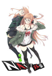 Rule 34 | 10s, 1girl, absurdres, belt boots, black-framed eyewear, boots, brown eyes, cross-laced footwear, dual persona, fur trim, glasses, green jacket, headphones, highres, jacket, lace-up boots, off-shoulder shirt, off shoulder, orange hair, persona, persona 5, sakura futaba, satomi (black scarecrow), shirt, shorts, simple background, smile, solo, standing, teeth, thigh boots, thighhighs, white background