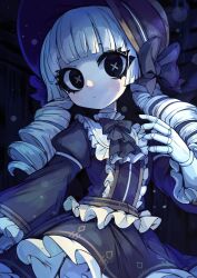 Rule 34 | 1girl, ascot, black ascot, black bow, black dress, black eyes, blunt bangs, blush, bonnet, bow, closed mouth, colored skin, doll, doll joints, dress, drill hair, empty eyes, frilled dress, frills, gothic lolita, highres, joints, ketopon, lolita fashion, long sleeves, looking at viewer, original, solo, symbol-shaped pupils, twin drills, upper body, white hair, white skin, x-shaped pupils