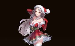 Rule 34 | armpits, arms up, bare shoulders, black background, breasts, cleavage, elbow gloves, forehead, fur trim, floral bow, gloves, hat, highres, king&#039;s raid, large breasts, lewisia (king&#039;s raid), long hair, looking at viewer, official art, santa costume, santa gloves, santa hat, silver hair, smile, thighhighs, very long hair, yellow eyes