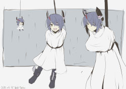 Rule 34 | 1girl, boots, chibi, dated, dress, eyepatch, fairy (kancolle), frown, hanging, headgear, kantai collection, looking at viewer, messy hair, multiple persona, open mouth, purple hair, rope, simple background, spot color, taira yuuki, tenryuu (kancolle), teruterubouzu, white dress, yellow eyes, aged down