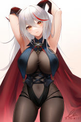 Rule 34 | 1girl, aegir (azur lane), armpits, arms behind head, arms up, azur lane, bare arms, blush, bodystocking, breast curtains, breasts, brown eyes, cape, chinese commentary, cleavage, commentary request, corrupted metadata, covered navel, cowboy shot, demon horns, gluteal fold, hair between eyes, highres, horns, large breasts, liu liaoliao, long hair, looking at viewer, multicolored hair, parted lips, red cape, red hair, signature, simple background, solo, standing, streaked hair, twitter username, white background, white hair