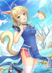 Rule 34 | 10s, 1girl, :&lt;, :d, animal ears, armor, bad id, bad pixiv id, bare tree, belt, blonde hair, blue dress, blue eyes, blue footwear, blue sky, blush, boots, breasts, cat ears, cat tail, cloud, creature, day, dress, dutch angle, eyebrows, facial mark, fang, feather hair ornament, feathers, final fantasy, final fantasy xiv, floating island, green eyes, hair ornament, heterochromia, highres, light particles, long hair, looking at viewer, medium breasts, miqo&#039;te, monk (final fantasy), open mouth, pauldrons, pelvic curtain, rock, shoulder armor, sky, smile, solo, spread fingers, tail, thighhighs, tiphereth, tree, warrior of light (ff14), water, white thighhighs