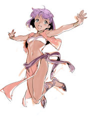 Rule 34 | 1girl, :d, bandeau, blue eyes, bob cut, bracelet, breasts, brown footwear, commentary, cropped vest, cross-laced sandals, dark-skinned female, dark skin, earrings, full body, fushigi no umi no nadia, hair ornament, hairclip, highres, hoop earrings, jewelry, loincloth, midriff, nadia la arwall, neck ring, necklace, nishieda, open mouth, outstretched arms, pelvic curtain, pendant, purple hair, red vest, sandals, short hair, smile, solo, strapless, tube top, vest, white bandeau