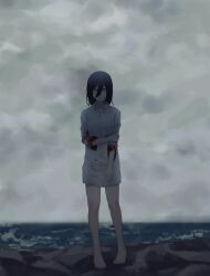 Rule 34 | 1girl, absurdres, barefoot, beach, black hair, blood, blood on clothes, chainsaw man, cloud, cloudy sky, collared shirt, dark, green eyes, grey sky, highres, holding own arm, looking at viewer, medium hair, naked shirt, outdoors, reze (chainsaw man), shirt, sky, solo, white shirt, yuuwaku06