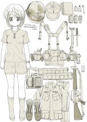 Rule 34 | 1girl, anti-personnel mine, anti-personnel weapon, assault rifle, baseball cap, boots, closed mouth, commentary request, dagger, dog tags, ebifly, english text, explosive, flashback, glue, grenade, greyscale, gun, hand grenade, hat, helmet, knife, looking at viewer, m16, m16a1, m18 claymore mine, military, mine (weapon), monochrome, original, pants, rifle, shirt, short hair, short shorts, short sleeves, shorts, simple background, socks, solo, standing, watch, weapon, white background, wristwatch