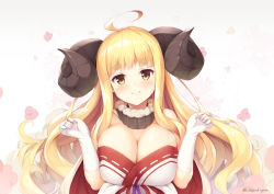 Rule 34 | 1girl, ahoge, anila (granblue fantasy), bare shoulders, blonde hair, blush, breasts, brown eyes, cleavage, closed mouth, commentary request, draph, elbow gloves, fur trim, gloves, gradient background, granblue fantasy, grey background, hands up, head tilt, highres, horns, japanese clothes, kimono, kusunoki (escude), large breasts, long hair, ribbon-trimmed kimono, ribbon trim, sheep horns, short eyebrows, smile, solo, thick eyebrows, twitter username, upper body, very long hair, white background, white gloves, white kimono