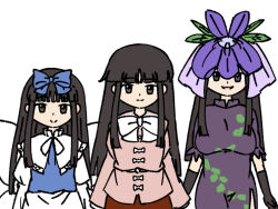 Rule 34 | 3girls, baystarsapphire, black hair, blunt bangs, bow, brown hair, china dress, chinese clothes, dress, elbow gloves, fairy wings, flower, flower on head, gloves, hair bow, height difference, hime cut, houraisan kaguya, leaf print, looking at viewer, multiple girls, pink shirt, puffy short sleeves, puffy sleeves, purple dress, shirt, short sleeves, smile, star sapphire, touhou, unfinished dream of all living ghost, white background, wings, yomotsu hisami