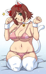 Rule 34 | 1girl, amami haruka, animal ears, bell, bikini, bow, breasts, cat ears, cat girl, cat tail, collar, female focus, gradient background, hair bow, hisakawa riho, idolmaster, idolmaster (classic), large breasts, navel, neck bell, one eye closed, paw pose, plump, short hair, solo, swimsuit, tail, thighhighs, tongue, white thighhighs, wink