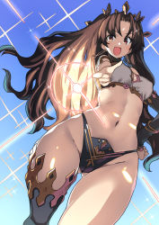 Rule 34 | 1girl, armlet, bare shoulders, black hair, blush, breasts, cowboy shot, crown, dutch angle, earrings, fate/grand order, fate (series), finger gun, gradient background, hair ribbon, hand on own hip, hoop earrings, ishtar (fate), jewelry, long hair, looking at viewer, medium breasts, navel, parted bangs, pointing, red eyes, ribbon, shayoo, single thighhigh, smile, solo, thighhighs, two side up