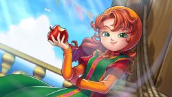 Rule 34 | 1girl, apple, artist request, banister, banner, bird, bow, brown hair, cloud, day, dragon quest, dragon quest vii, dress, food, fruit, green eyes, highres, hood, jewelry, leaning, lens flare, light rays, long hair, looking at viewer, maribel (dq7), multicolored clothes, multicolored dress, ocean, official art, outdoors, ring, rope, seagull, ship, sky, smile, sunbeam, sunlight, wallpaper, watercraft, wind