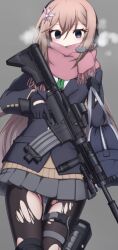 Rule 34 | 1girl, assault rifle, bag, black gloves, black pantyhose, blazer, blue eyes, blue jacket, blush, breath, brown hair, brown sweater, closed mouth, commentary request, den noko, ear protection, fringe trim, gloves, green necktie, grey background, grey skirt, gun, hair between eyes, headset, highres, holding, holding gun, holding strap, holding weapon, jacket, long hair, looking at viewer, m4 carbine, necktie, original, pantyhose, pink scarf, pleated skirt, rifle, scarf, school bag, school uniform, simple background, skirt, smile, solo, sweater, torn clothes, torn pantyhose, trigger discipline, very long hair, weapon