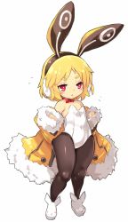 Rule 34 | 1girl, :&lt;, animal ears, bare shoulders, black pantyhose, blonde hair, breasts, child, coat, covered navel, disgaea, fake animal ears, flying sweatdrops, full body, fur-trimmed coat, fur-trimmed sleeves, fur trim, karukan (monjya), leotard, long sleeves, makai senki disgaea 5, open clothes, open coat, pantyhose, parted lips, rabbit ears, red eyes, shoes, simple background, sleeves past wrists, small breasts, solo, standing, strapless, strapless leotard, triangle mouth, usalia (disgaea), white background, white footwear, white leotard, yellow coat