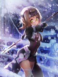 Rule 34 | 1girl, akihara sekka, breasts, brown hair, closed mouth, commentary request, glasses, green eyes, head tilt, headband, highres, holding, holding polearm, holding spear, holding weapon, looking at viewer, medium breasts, nogi lief, outdoors, polearm, red-framed eyewear, semi-rimless eyewear, smile, snowing, solo, spear, sunlight, twitter username, under-rim eyewear, weapon, yuusha de aru