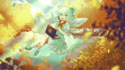 Rule 34 | 1girl, absurdres, autumn, autumn leaves, black footwear, blue dress, blue hair, bow, cirno, commission, computer, dress, forest, hair between eyes, hair bow, highres, ice, ice wings, laptop, linux, mary janes, nature, neckerchief, onsen, open mouth, outdoors, puffy short sleeves, puffy sleeves, red neckerchief, shoes, short hair, short sleeves, skeb commission, socks, solo, teeth, tn kn1000, touhou, upper teeth only, white socks, wings