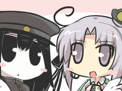 Rule 34 | 10s, 2girls, ahoge, akitsu maru (kancolle), akitsushima (kancolle), black eyes, black hair, blush stickers, chibi, commentary request, goma (gomasamune), hat, kantai collection, military, military uniform, multiple girls, open mouth, peaked cap, grey eyes, silver hair, sketch, triangle mouth, uniform