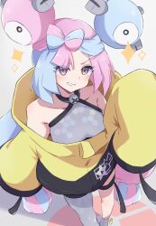 Rule 34 | 1girl, blue hair, bow-shaped hair, breasts, character hair ornament, creatures (company), game freak, gen 1 pokemon, grey pantyhose, hair ornament, highres, iono (pokemon), jacket, long hair, looking at viewer, magnemite, multicolored hair, nintendo, oversized clothes, pantyhose, pink hair, piyo to game, pokemon, pokemon sv, single leg pantyhose, sleeveless, sleeves past fingers, sleeves past wrists, smile, teeth, two-tone hair, very long sleeves, yellow jacket
