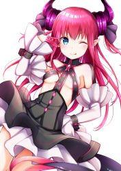 Rule 34 | 10s, 1girl, black dress, blue eyes, blush, breasts, closed mouth, detached sleeves, dress, dutch angle, elizabeth bathory (fate), elizabeth bathory (fate/extra ccc), elizabeth bathory (first ascension) (fate), fate/extra, fate/extra ccc, fate (series), hand on own hip, hand up, highres, horns, looking at viewer, na53, pointy ears, purple hair, simple background, skirt, small breasts, smile, solo, tail, underboob, white background, white skirt