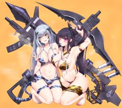 Rule 34 | 2girls, alternate costume, animal print, architect (girls&#039; frontline), arm up, armpits, black hair, blue nails, blush, breasts, cleavage, collarbone, full body, gager (girls&#039; frontline), girls&#039; frontline, green eyes, hair ornament, highres, holding, holding own hair, kneeling, large breasts, long hair, looking at viewer, mixed-language commentary, mouth hold, multiple girls, nail polish, navel, orange background, parted lips, popoman, purple eyes, purple nails, sangvis ferri, side ponytail, silver hair, simple background, smile, tail, thigh strap, tiger print, tiger tail, v, weapon