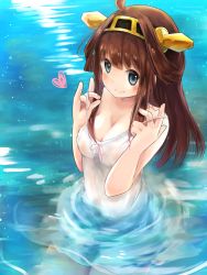 Rule 34 | 10s, 1girl, ahoge, alternate costume, bad id, bad pixiv id, blush, breasts squeezed together, breasts, brown hair, cleavage, grey eyes, headgear, heart, highres, kantai collection, kongou (kancolle), large breasts, long hair, looking at viewer, moyasinobaka9627, nightgown, niseneko (mofumofu ga ienai), partially submerged, ripples, see-through, smile, solo, spaghetti strap, strap pull, undressing, water, wet, wet clothes