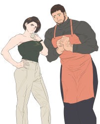 Rule 34 | 123456dyom, 1boy, 1girl, absurdres, apron, bara, black hair, black pants, black shirt, brown apron, brown pants, chris redfield, closed mouth, facial hair, highres, jill valentine, large pectorals, looking at another, muscular, muscular male, pants, pectorals, resident evil, shirt, short hair, simple background, smile, white background