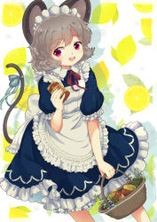 Rule 34 | 1girl, alternate costume, animal ears, apron, arm up, basket, bloomers, blue dress, commentary request, contrapposto, cowboy shot, cropped legs, dress, enmaided, food, frilled apron, frilled shirt collar, frilled skirt, frills, fruit, fruit background, grey hair, hair between eyes, holding, holding basket, iris anemone, jar, lemon, looking at viewer, maid, maid apron, maid headdress, mouse ears, mouse tail, nazrin, open mouth, patterned background, puffy short sleeves, puffy sleeves, red eyes, ribbon, short hair, short sleeves, skirt, solo, standing, tail, tail ornament, tail ribbon, teeth, touhou, underwear, upper teeth only