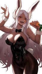 Rule 34 | 1girl, :d, animal ears, arc2urus, bare shoulders, black bow, black bowtie, black leotard, black pantyhose, blurry, boku no hero academia, bow, bowtie, breasts, carrot, cleavage, clothing cutout, covered navel, dark-skinned female, dark skin, detached collar, food, hand up, highleg, highleg leotard, highres, holding, holding food, holding vegetable, large breasts, leotard, long eyelashes, long hair, looking at viewer, mirko, open mouth, pantyhose, parted bangs, playboy bunny, rabbit ears, rabbit girl, rabbit tail, red eyes, side-tie leotard, simple background, smile, solo, strapless, strapless leotard, tail, tail through clothes, teeth, thighs, toned, traditional bowtie, vegetable, very long hair, white background, white hair, wrist cuffs