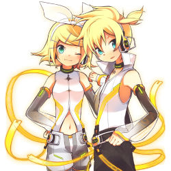 Rule 34 | 1boy, 1girl, aqua eyes, arm warmers, blonde hair, brother and sister, detached sleeves, hair ornament, hair ribbon, hairclip, headphones, kagamine len, kagamine len (append), kagamine rin, kagamine rin (append), leg warmers, n:go, navel, one eye closed, popped collar, ribbon, short hair, shorts, siblings, smile, twins, vocaloid, vocaloid append, wink