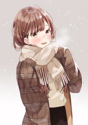 Rule 34 | 1girl, blush, breath, brown eyes, brown hair, brown neckwear, enpera, grey background, hair ornament, hairclip, hanako151, highres, jacket, long hair, long sleeves, looking at viewer, open mouth, original, plaid, scarf, sleeves past wrists, smile, snow, snowing, solo, standing, sweater, watermark, winter clothes