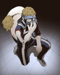 Rule 34 | 1boy, arm on thigh, black eyes, blonde hair, blue track suit, blurry, boku no hero academia, commentary request, covered face, cross-laced footwear, dated commentary, depth of field, fingernails, floor, from above, fur-tipped tail, gas mask, grey footwear, hand on mask, hand up, highres, jacket, koke niwatori, light, looking at viewer, looking to the side, looking up, male focus, mask, ojiro mashirao, on one knee, pale skin, pants, shadow, short hair, sideways glance, sleeves past elbows, soft focus, solo, tail, track jacket, track pants, track suit, u.a. gym uniform
