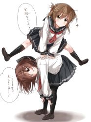 Rule 34 | 10s, 2girls, absurdres, bent over, black socks, blue skirt, blush, brown eyes, brown hair, closed mouth, eyebrows, folded ponytail, hair ornament, hairclip, hands on another&#039;s back, highres, ikazuchi (kancolle), inazuma (kancolle), jumping, kantai collection, kneehighs, leaning forward, leap frog, long hair, looking at viewer, multiple girls, neckerchief, pantyhose, pentagon (railgun ky1206), pleated skirt, red neckerchief, sailor, school uniform, serafuku, shirt, shoes, simple background, skirt, smile, socks, translation request, v-shaped eyebrows, white background, white shirt
