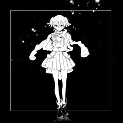 Rule 34 | 10s, 1girl, boots, closed mouth, daiba nana, epaulettes, fur-trimmed jacket, fur trim, greyscale, hair between eyes, hair ribbon, hami (lvct), jacket, jacket on shoulders, long sleeves, looking at viewer, monochrome, pleated skirt, ribbon, shoujo kageki revue starlight, skirt, smile, solo, standing, star (sky), twintails