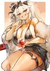 Rule 34 | 1girl, absurdres, alcohol, black bra, bra, breasts, character request, cleavage, cup, drinking glass, eyelashes, female focus, grin, head tilt, highres, huge breasts, larribee, last origin, legs, long hair, looking at viewer, red eyes, sitting, skirt, smile, solo, standing, thick thighs, thighs, underwear, white hair, wide hips, wine, wine glass