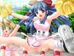 Rule 34 | 2girls, :d, apron, armpits, arms up, blonde hair, blue hair, blunt bangs, blush, bouncing breasts, bow, breasts, building, censored, cheerleader, covered erect nipples, day, foreshortening, game cg, green eyes, hadaka apron gakuen, hair between eyes, hair bow, happy, hime cut, kazuma muramasa, large breasts, legs, mosaic censoring, motion blur, multiple girls, naked apron, name tag, no panties, nude, nudist, open mouth, outdoors, outstretched arms, pom pom (cheerleading), public indecency, pussy, red eyes, ribbon, school, shirt, shoe soles, shoes, short hair, sideboob, sidelocks, smile, sneakers, socks, split, spread arms, spread legs, taut clothes, taut shirt, tree, unaligned breasts, window, wristband, zuge haruna