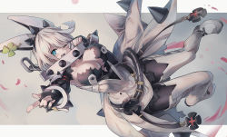 Rule 34 | 1girl, blue eyes, blush, breasts, cleavage, clover, collar, elphelt valentine, fingerless gloves, four-leaf clover, gloves, guilty gear, huanxiang huifeng, large breasts, looking at viewer, one eye closed, open mouth, short hair, smile, solo, spiked collar, spikes, white hair